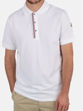 Moncler WHITE Polo LUXURY DESIGNER Shirt Men’s  M Silver Logo Snap Striped Neck
